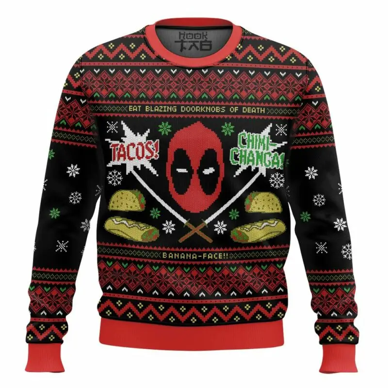 Marvel Superhero Deadpool Pullover Ugly Sweater Men's Winter Sweater Funny Unique Creative Design Christmas Party Outfit