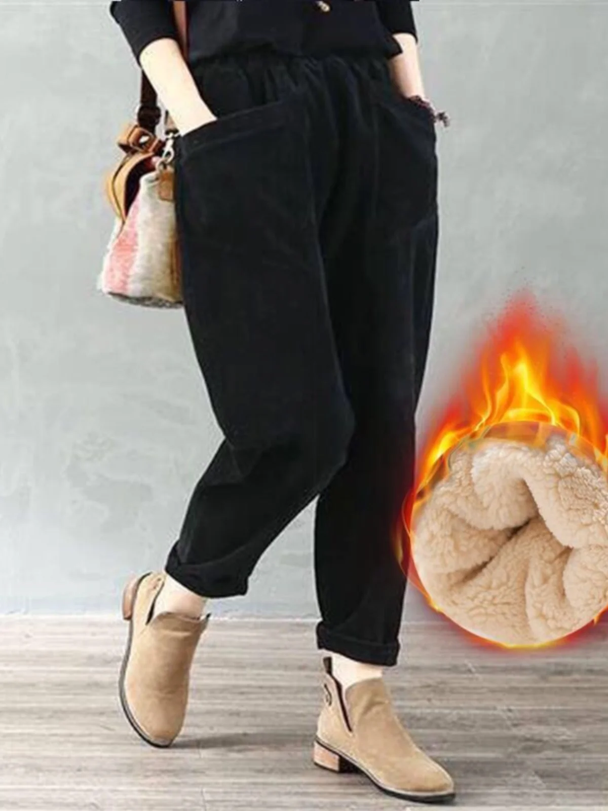 Jesienno-zimowe spodnie sztruksowe z podszewką z jagnięcej wełny, luźne, uniwersalne spodnie typu harlan, długie spodnie dla mamy, spodnie codzienne dla taty.