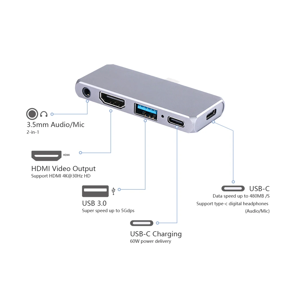 محور Tebe USB-C لجهاز iPad Pro Air Type-c إلى 4K HDMI-محول 3.5 ملم Aux Audio USB 3.0 Hub Splitter لجهاز Mac Dell Nintendo Switch #5