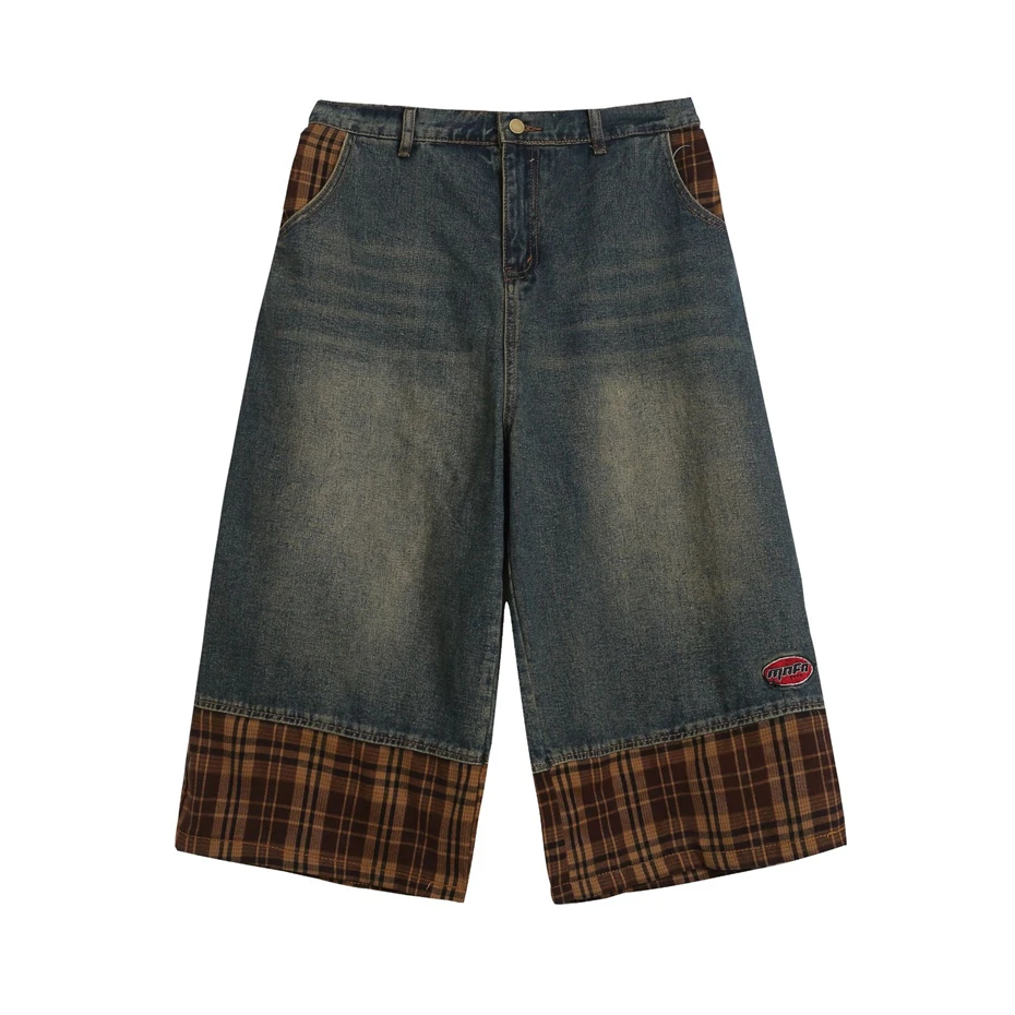 

Plaid Patchwork Denim Shorts Mens Streetwear Hip Hop Washed Jeans Short Men Harajuku Vintage Baggy Calf Length Pants Male