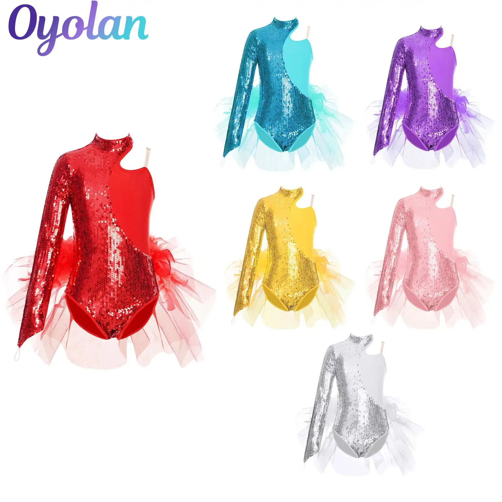 

Kids Girls Sparkly Sequins Gymnastics Figure Skating Tutu Skirted Bodysuit Feather Tulle Ballet Jazz Dance Performance Costume