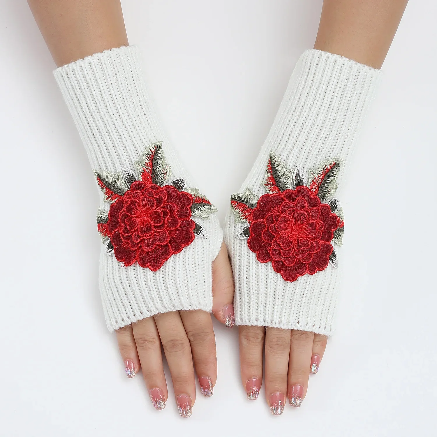 

New Autumn Winter Women's Knitted Woolen Sleeve Fingerless Embroidery Gloves Stylish Warm Short Wrist Bracelet Flower Gloves