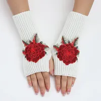 New Autumn Winter Women's Knitted Woolen Sleeve Fingerless Embroidery Gloves Stylish Warm Short Wrist Bracelet Flower Gloves