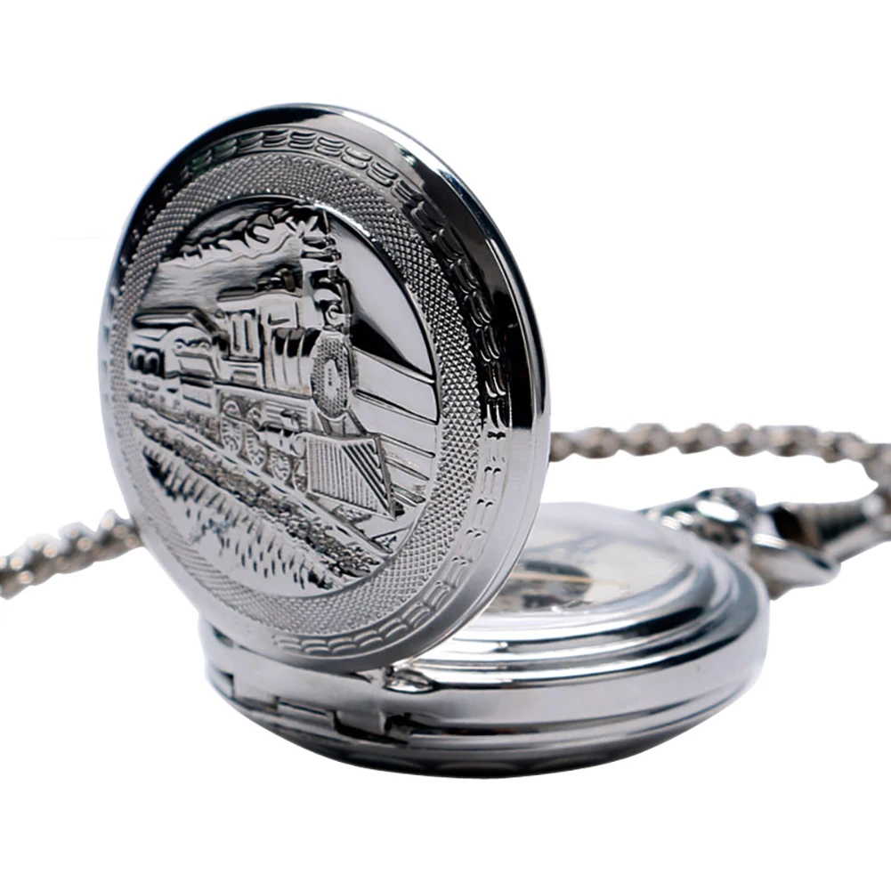 Antique Style Steam Train Men's Mechanical Hand Winding Pocket Watch Double Hunter Silver/Bronze Fob Chain Pendant Clock Gift