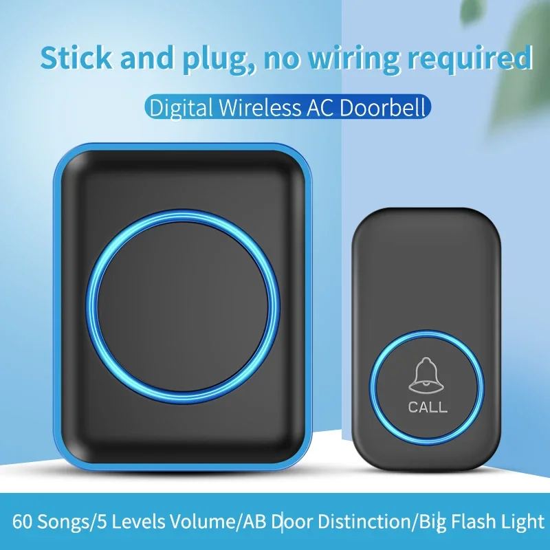 CACAZI Wireless Doorbell Sets Big Flashing Light Waterproof Door Chime 300M Long Range 60 Song Intelligent Outdoor US EU UK Plug