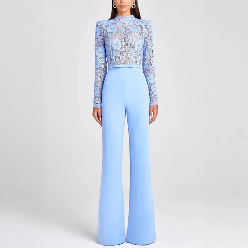 

Embroidery Lace Blue Jumpsuits Women Sexy Slim Long-sleeved Belt High Waist Jumpsuit Female 2025 Casual Lady Party Jumpsuits