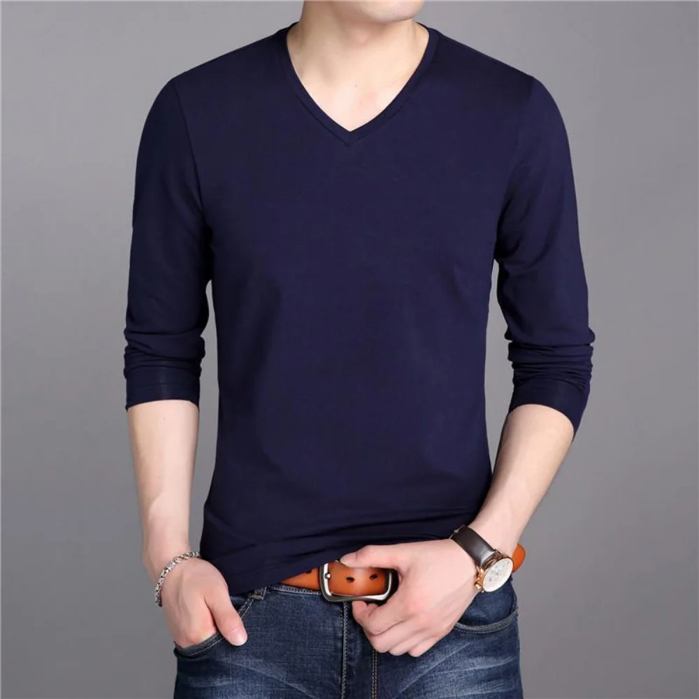 Spring and Autumn Luxury Men with Long Sleeves and V-neck Oversized Normal Casual Wear Basic Shirt Daily Wear T-Shirt