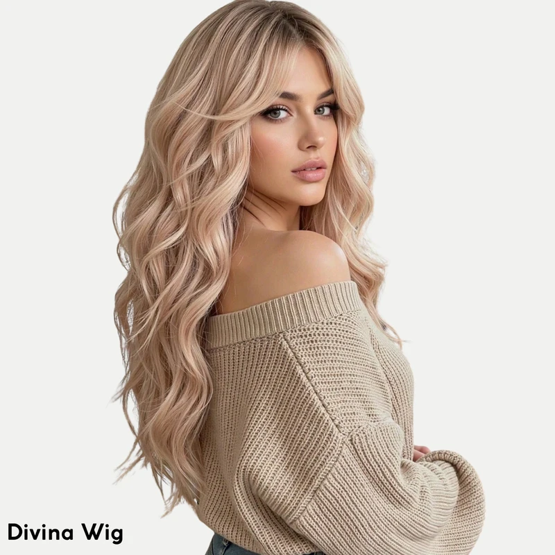 

Champagne Blonde Ombre Long Wavy Wig Dark Roots 22" Heat Resistant Wig