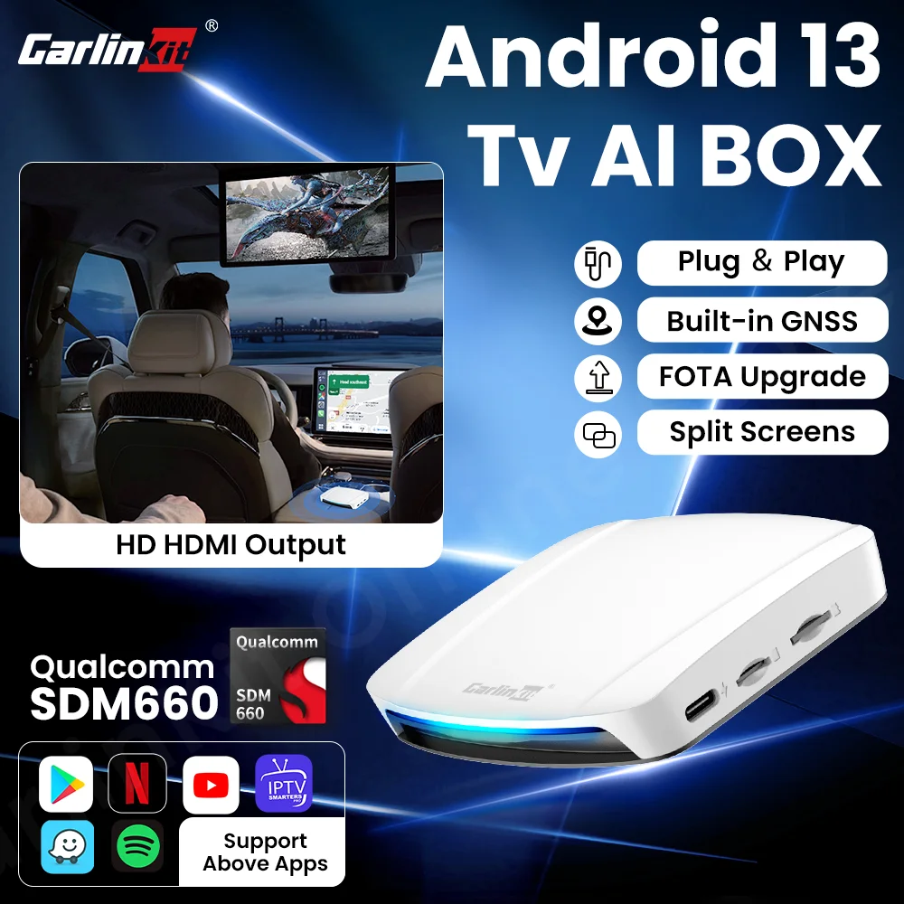 Carlinkit UHD TV Box Android 13.0 Qualcomm 8-rdzeniowy bezprzewodowy adapter CarPlay i Android Auto Obsługa wyjścia wideo 4K HD Onlie Video