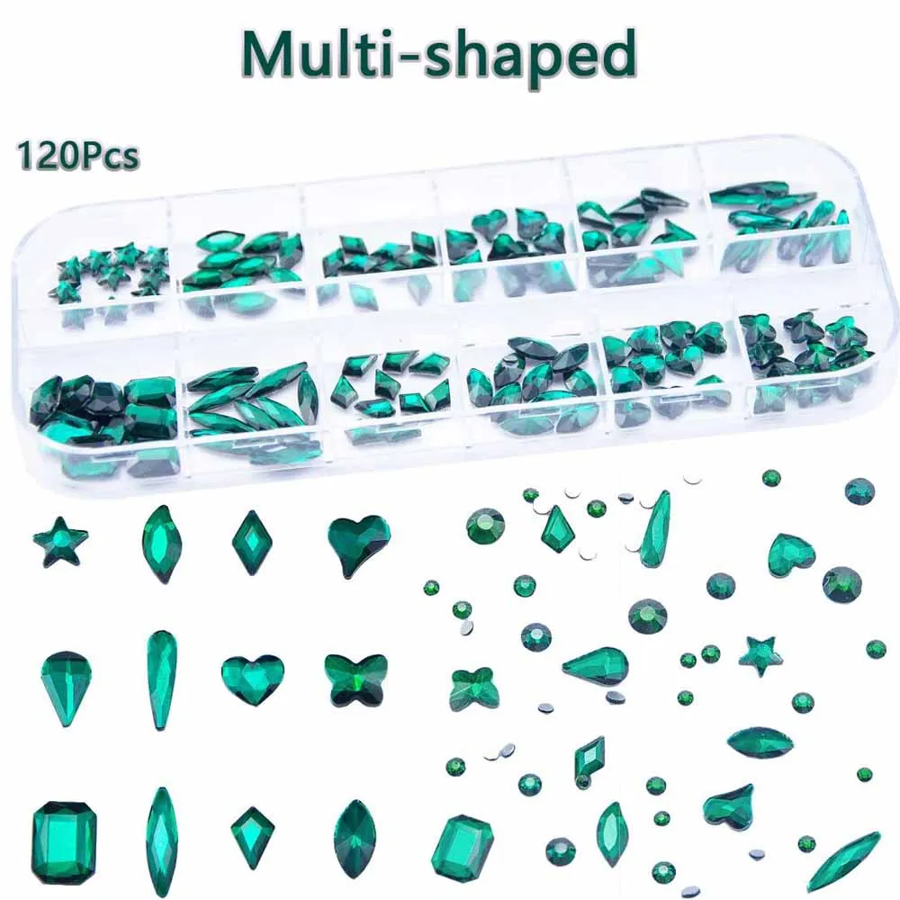เพชรตกแต่งเล็บ 12Grid 3D สไตล์เรโทร สีเขียว ขนาดผสม รูปทรงกลม สี่เหลี่ยม ใส แบบกระจก สำหรับตกแต่งเล็บลายหัวใจ ดาว และคริสตัล