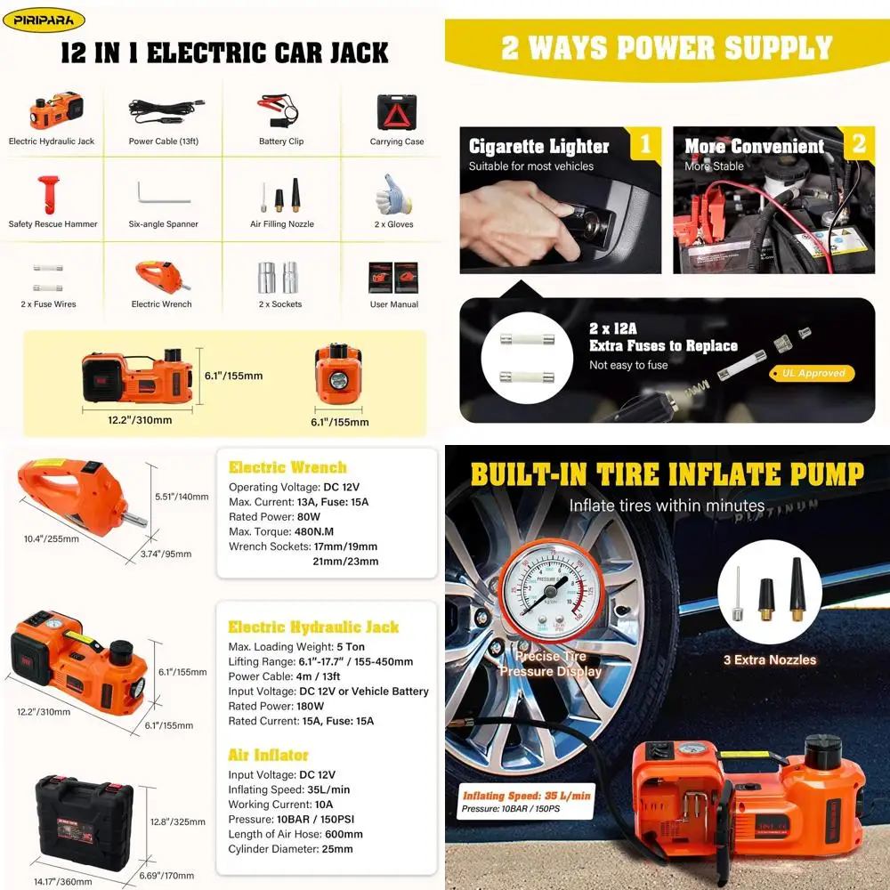 

5-тонный гидравлический автомобильный домкрат с электрическим гайковертом, надувным насосом и LED-фонарем для замены шин внедорожников, минивэнов, седанов и грузовиков