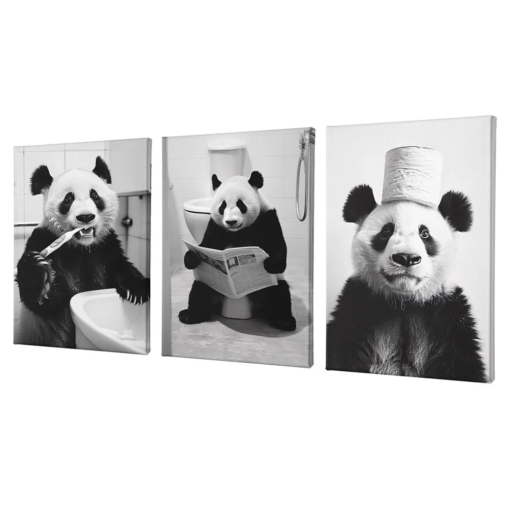 Panda Wall Art Funny Bathroom Decor Canvas Print Poster Panda on Toilet in Bath Wearing Bathrobe Brushing Teeth Animal Painting