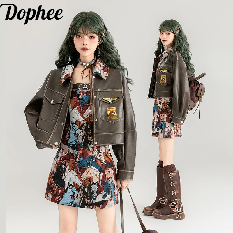 Dophee High Quality Brown Leather Jacket Women Spring Autumn American Spicy Girl Retro Motorcycle PU Leather Coat Strap Dress