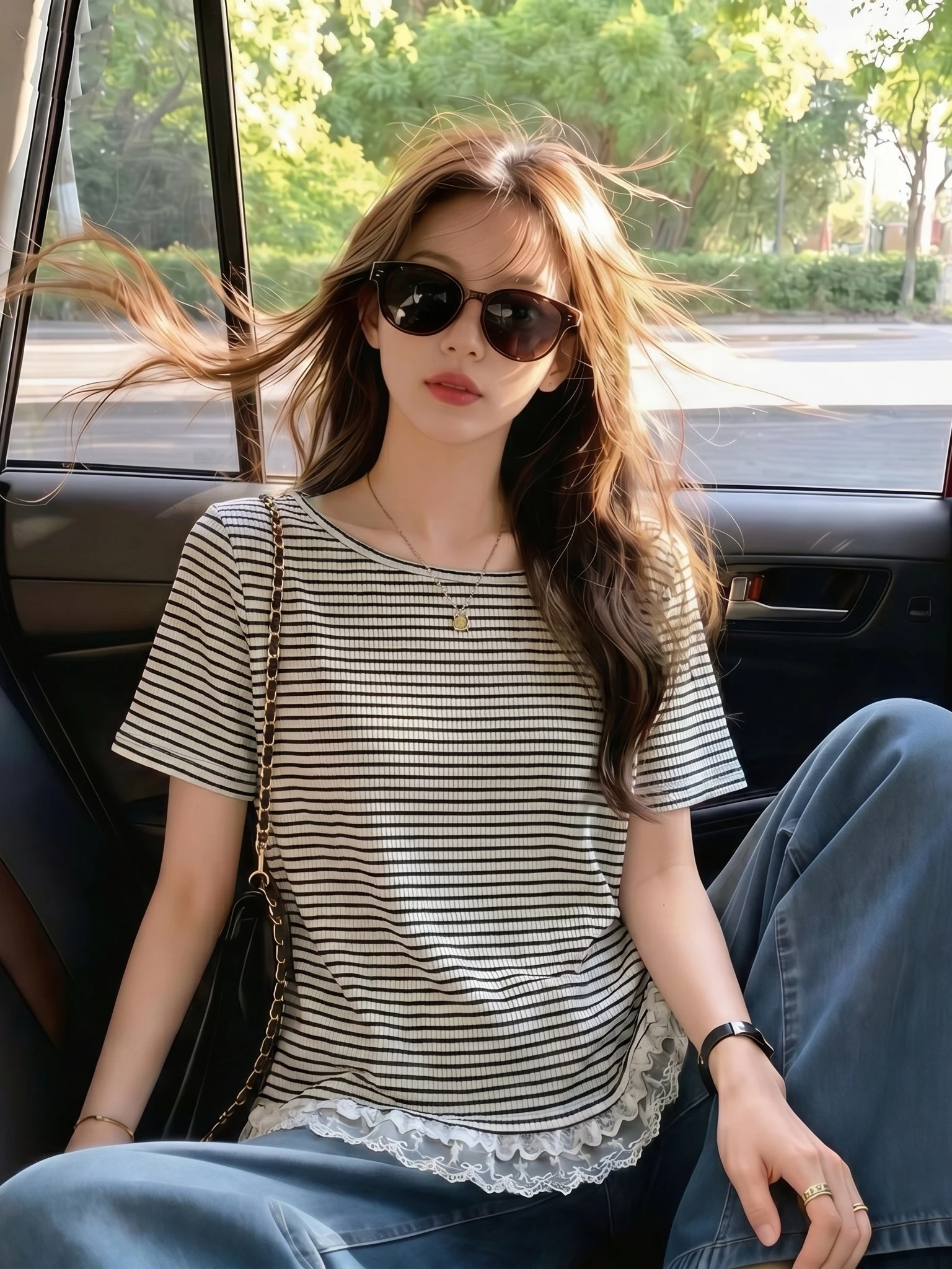 Slimming Striped Short Sleeve T-Shirt Women's Summer New Style plus Size Lace Trim Shoulder Bore Hole Commute Style Korean Ve...