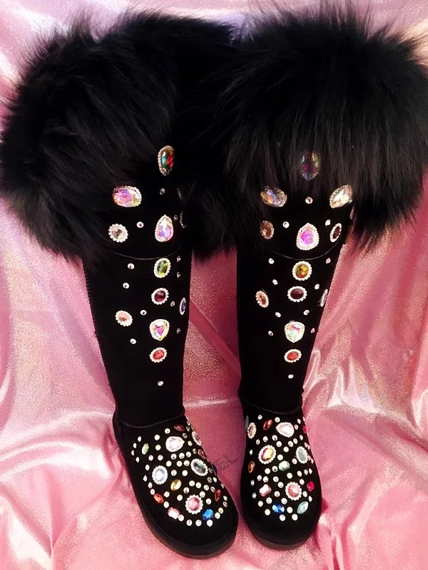 Glitter Colorful Diamond Crystal Fox Fur Wrapped Knee high Snow Boots Thick sole Fur inside Cow Suede Rhinestone Winter Boots