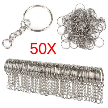 50 pçs/lote polido prata cor 25mm chaveiro anel dividido com corrente curta chaveiros feminino masculino diy chaveiros acessórios