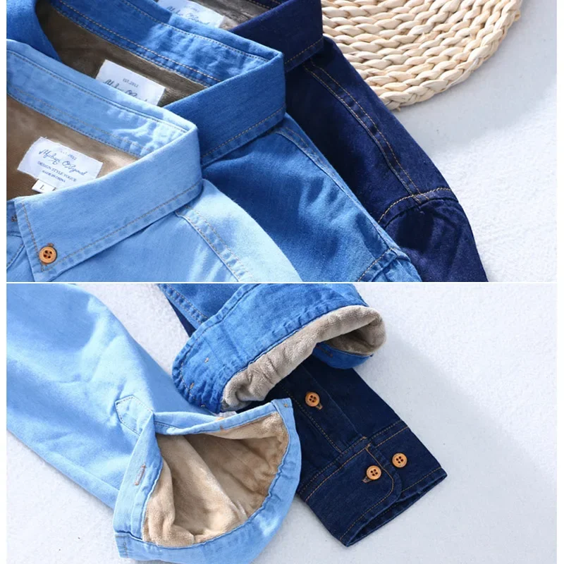 Schinteon Top Quality Brand Autumn Winter Jeans Shirt Men Thick Warm Fleece Velvet Liner Denim Shirts 4XL Male Bottoming Shirt