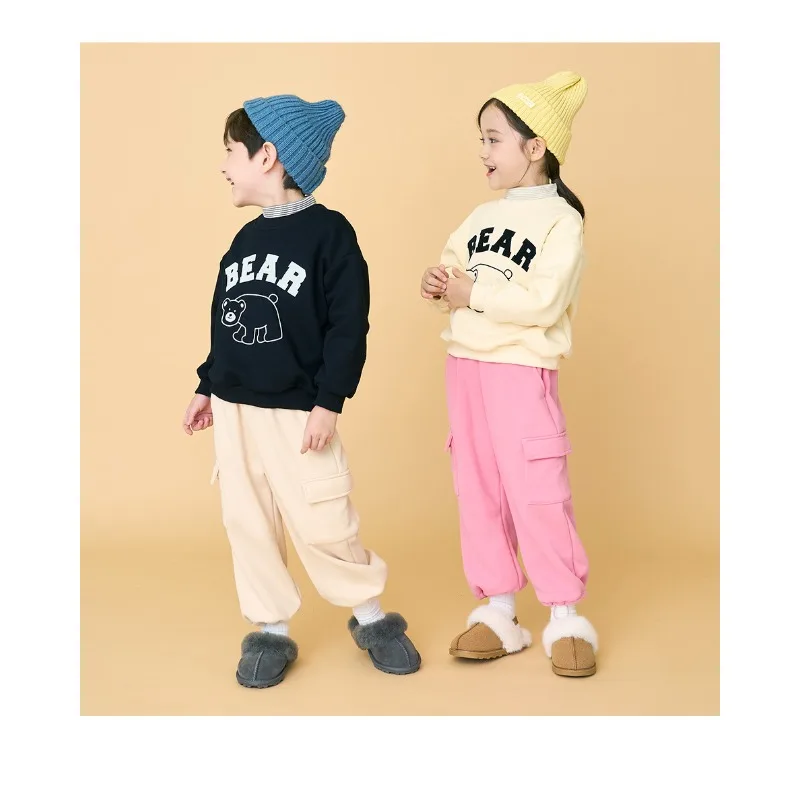 Children's Health Pants 2024 Winter New Style Square Pocket Solid Color Casual Pants with Velvet Warmth and Elastic Foot Pants