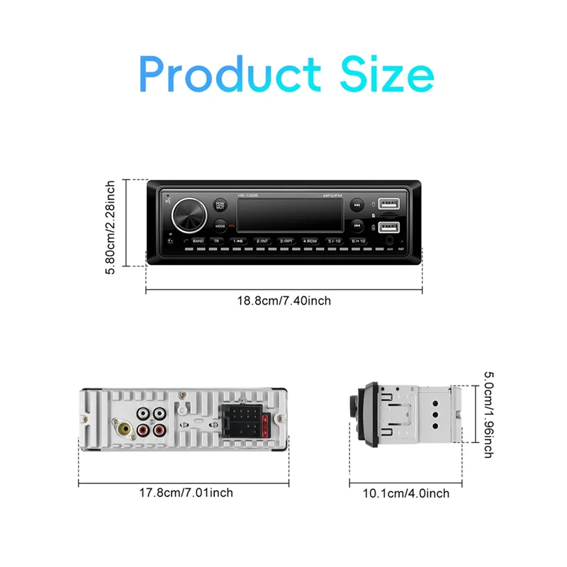 FM Audio Receiver Car Stereo Single Din Bluetooth Music Radio MP3 Player Support AUX USB Charging& Colorful Light Effects