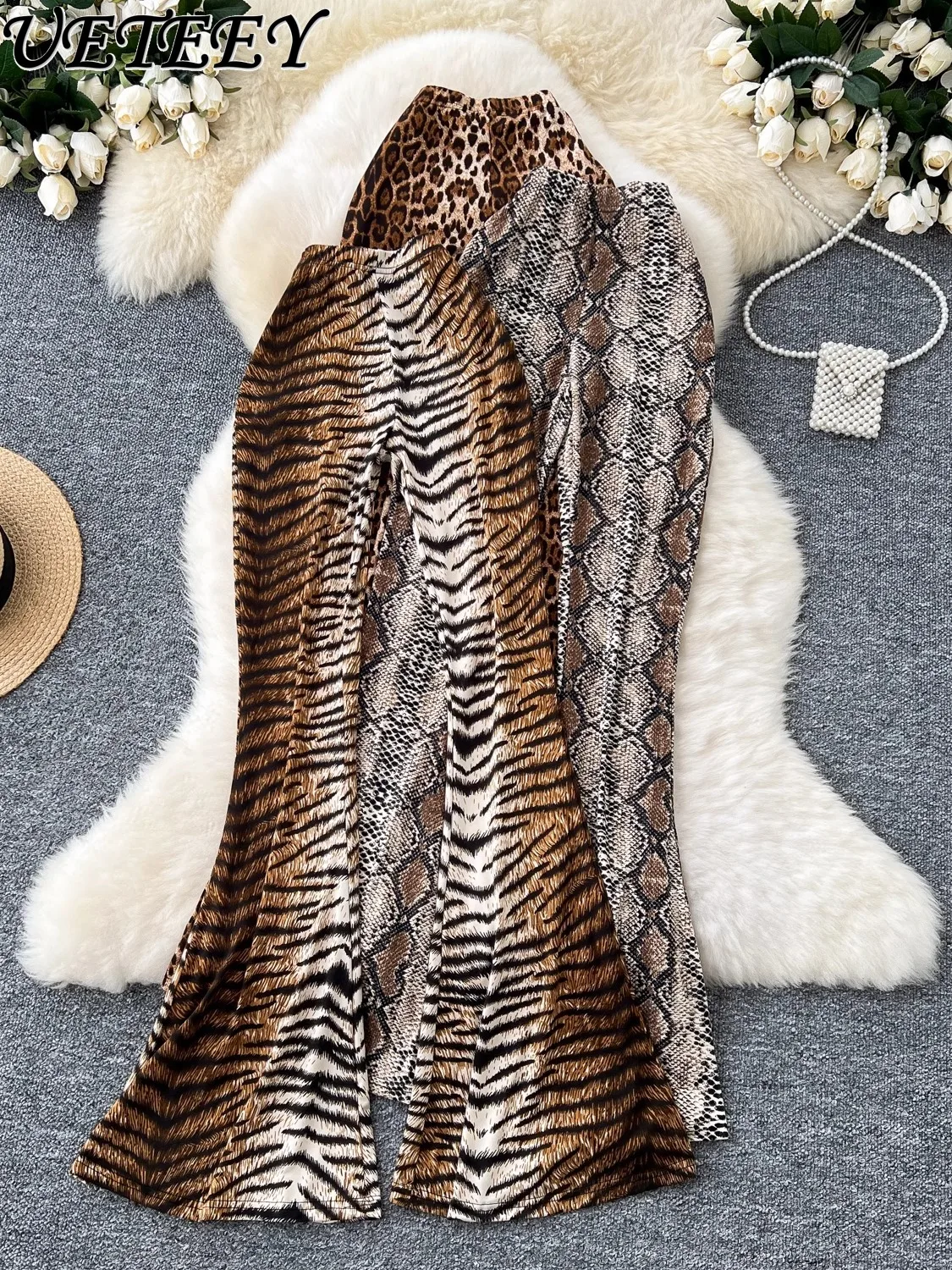 

European and American Ins Female Sexy Babes Fashion Leopard Print Flared Pants Women's Elastic Tight Thin Casual Trousers