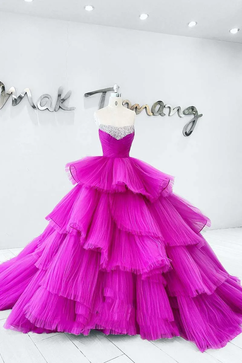 Dreamy Fuchsia Tiered Puffy Tulle Wedding Gowns Ruffles Mesh Long Prom Gowns Shiny Crystal Beaded Bridal Dress