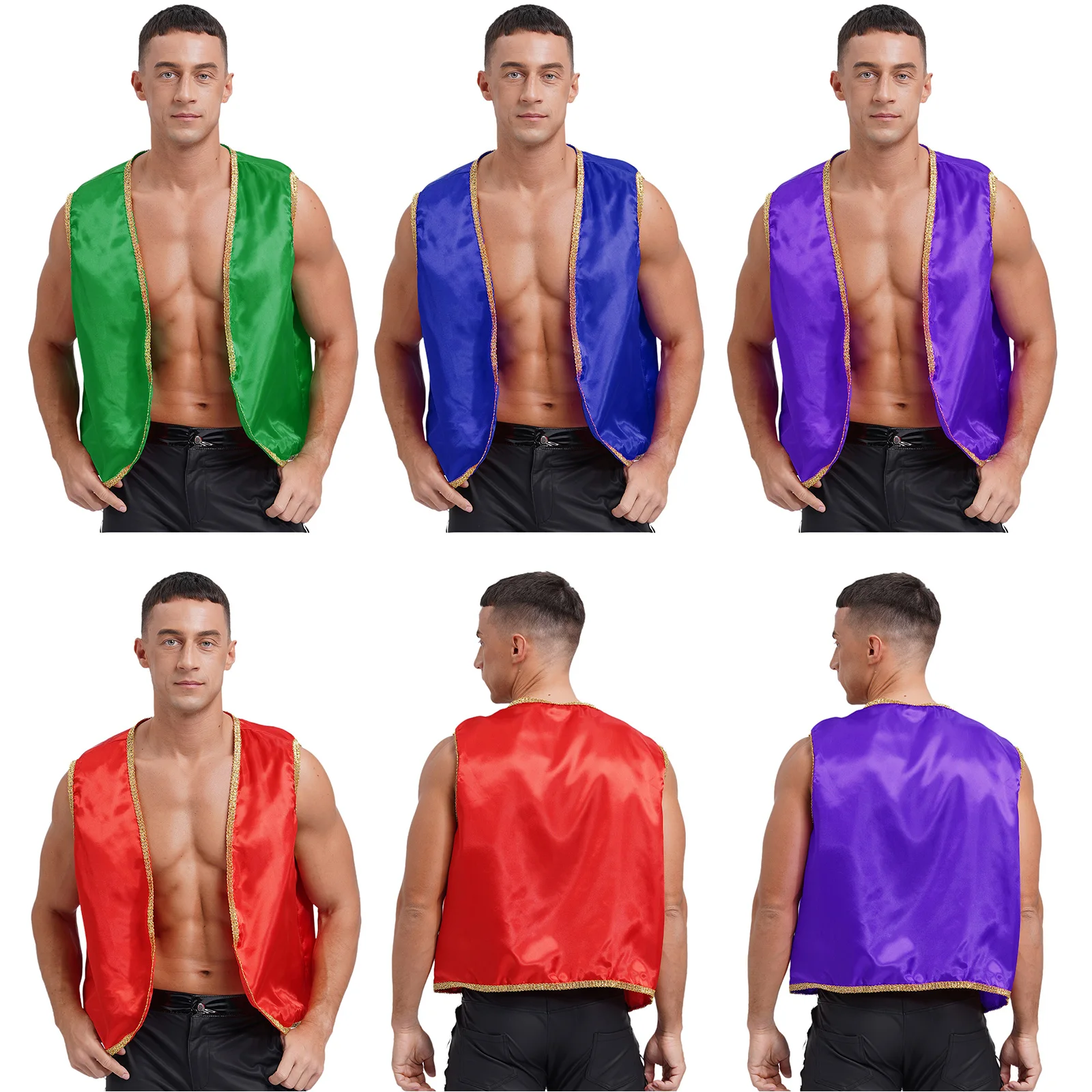 Príncipe árabe traje de cosplay masculino, colete acetinado dourado, frente aberta, colete de Halloween, contos de fadas, vestido extravagante, deserto