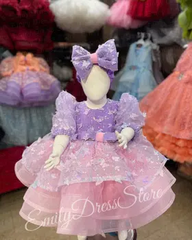 Anpassad Baby Flower Girl Dress För Bröllop Applikation Plisserad Paljetter Puffig Tyll Födelsedagsfest Barn Första Kommunion Balklänning 10 best sales Girl first communion dress - №1