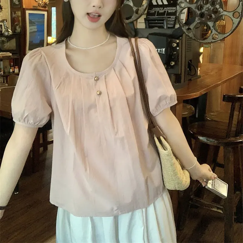 

Stylish Folds French Style Shirts Female Clothing Sweet Puff Sleeve Summer Casual O-neck Button Basic Solid Color Loose Blouse