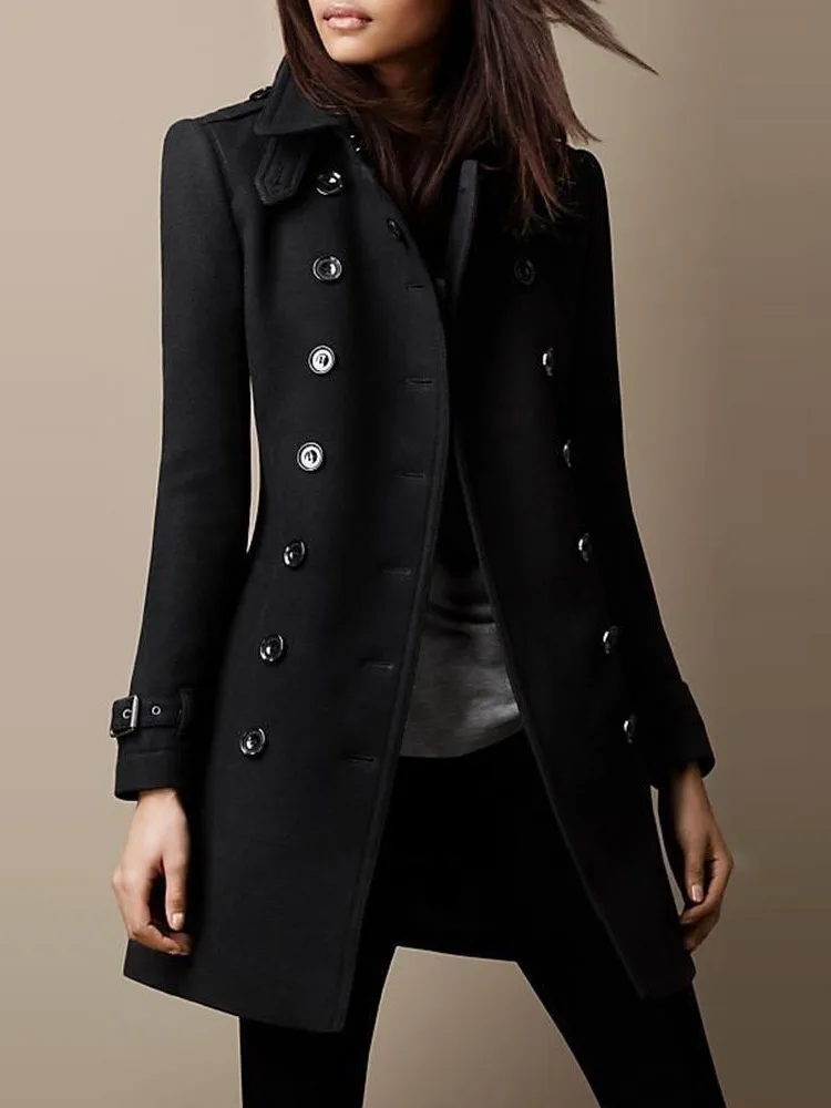 Autumn Winter Turn-down Neck Woolen Jacket Coat Women Fashion Black Long Sleeve Double Breasted Loose Wool Coats Streetwear