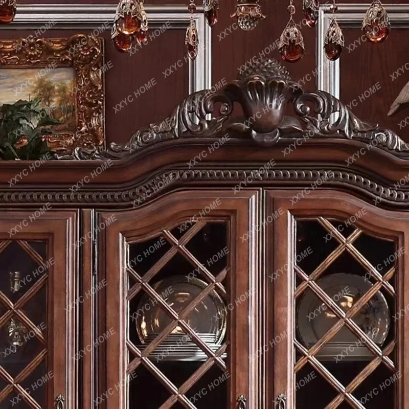 TTEuropean-Style Solid Wood Display Bookcase Home Bookcase Villa Carved Wall Storage Wine Cabinet