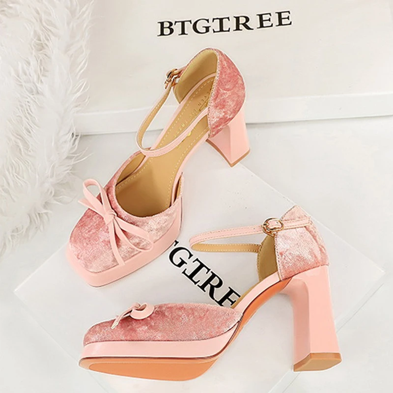 

BIGTREE Новые модные женские туфли-лодочки с бантом, свадебные босоножки на квадратном каблуке, туфли для платья, Zapatillas De Mujer
