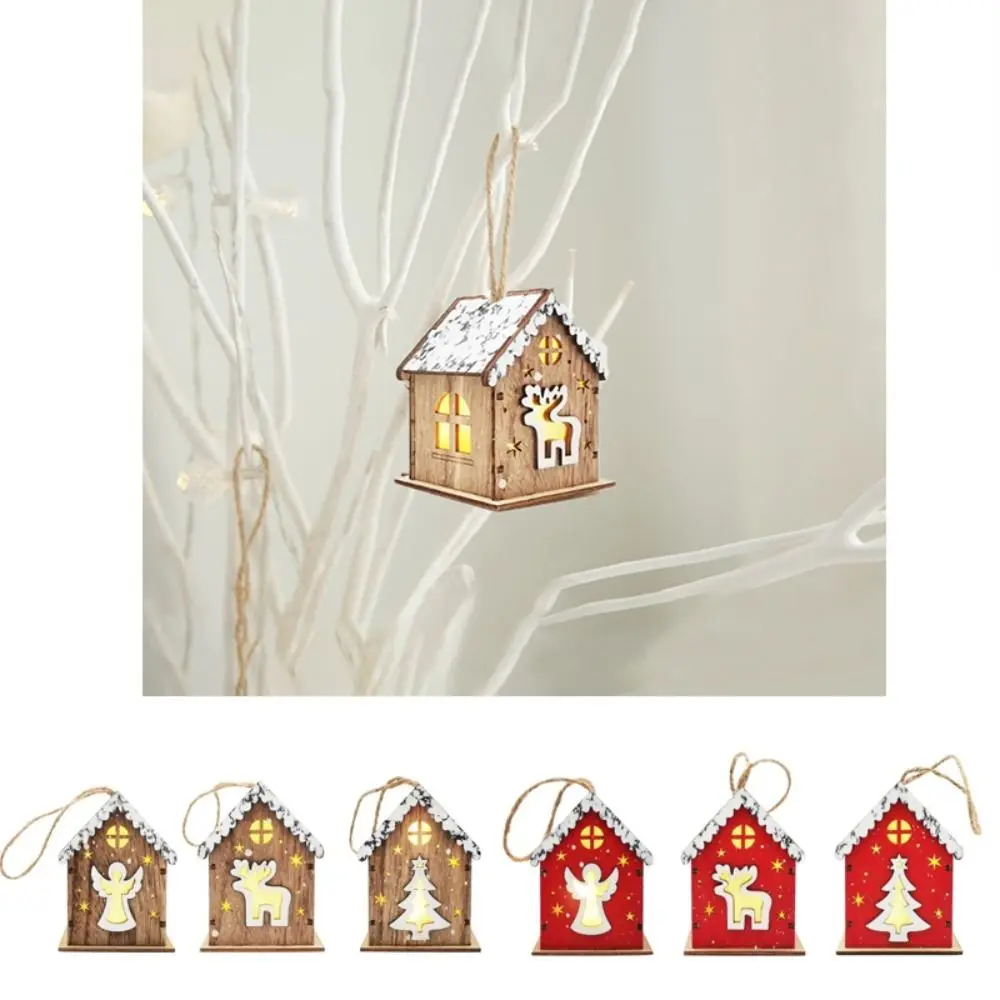 Red/wood Christmas Wooden House Pendant with Rope Exquisite Workmanship Glowing Log Cabin Angle Elk Santa Claus