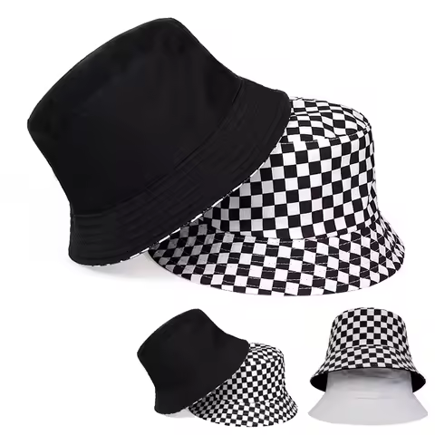 Unisex Black and White Grid Double Sided Wearable Fisherman Hat Outdoor Travel Hat Sunscreen Hats for Men Women Bucket Hat