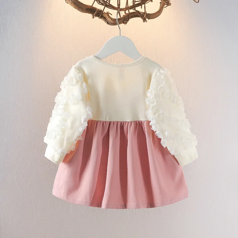 (0-2 years old) Newborn New Winter Baby Girls Dress Halter Bow Long Sleeve Lace Sweet Princess Dress Lace Pleated A-line Dress