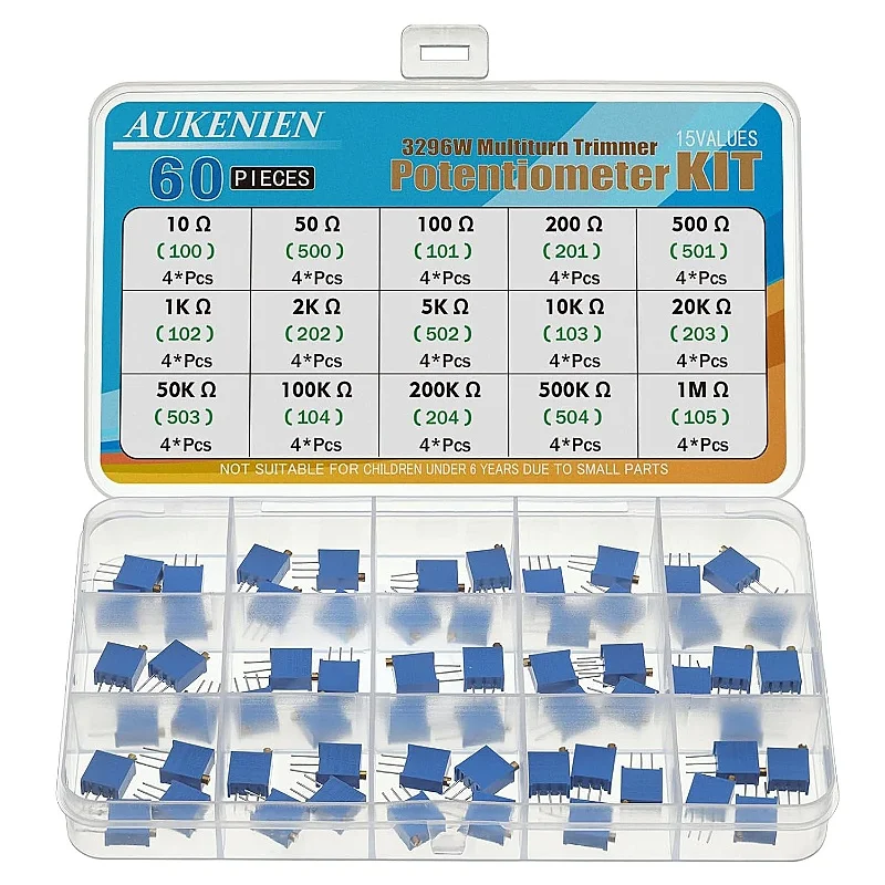 

AUKENIEN 15 Values 60PCS 3296W Trimmer Potentiometer 10 50 100 200 500 1K TO 500K 1M Ohm Variable Resistance Assortment Kit