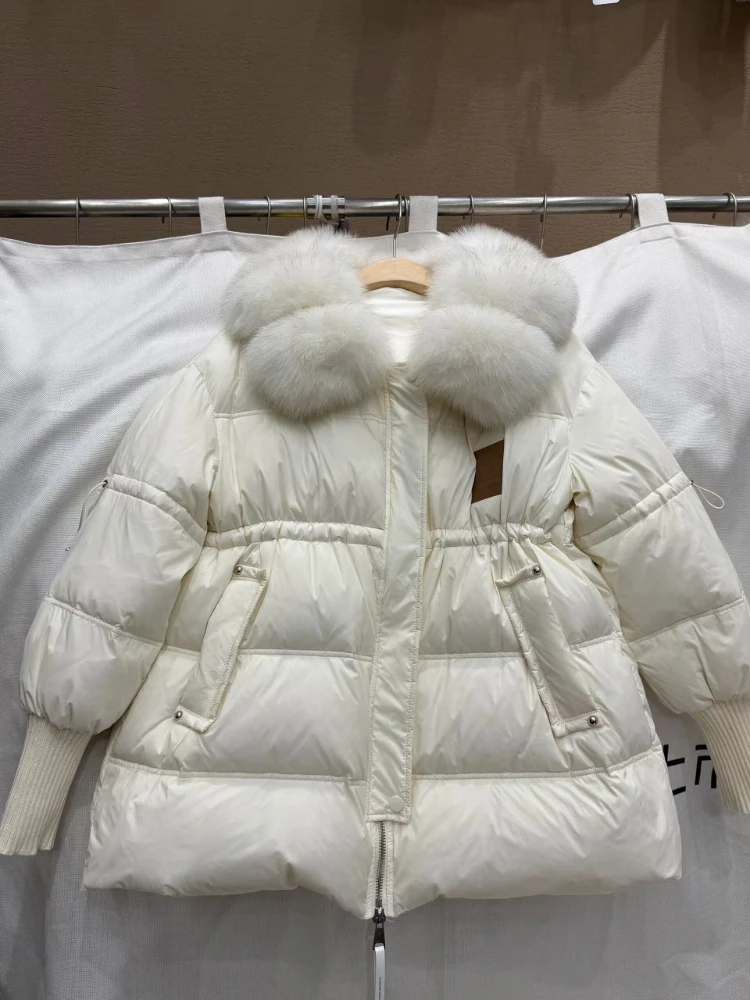 Big Fox Fur Collar Down Jacket 2025 Winter New Fashion Waist Mid-Length Parkas Women Thicken Warm White Duck Puffer Coat Outwear