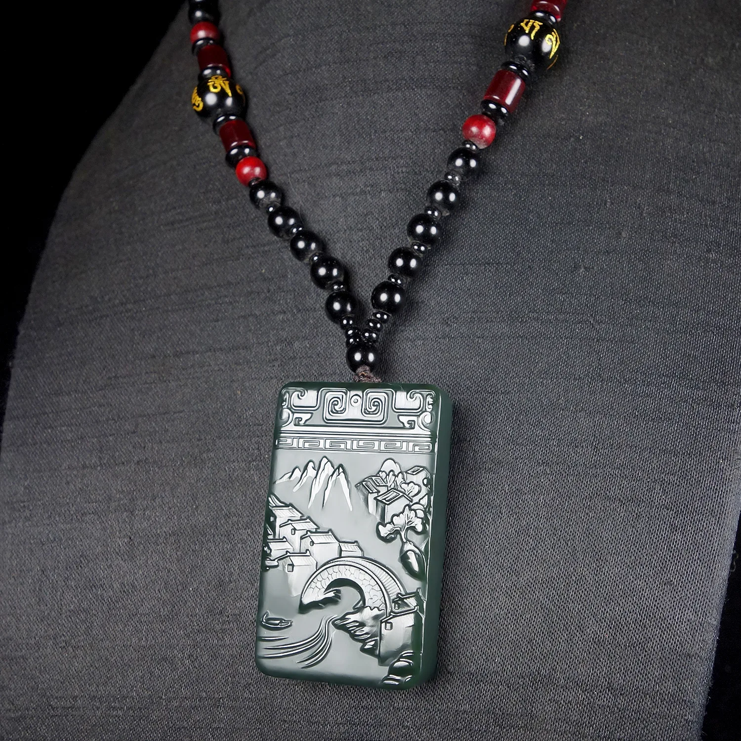 Fine Jewelry Natural Hetian Nephrite Jade Green Jade Double sided Landscape Jade Pendant Men's and Women's Styles