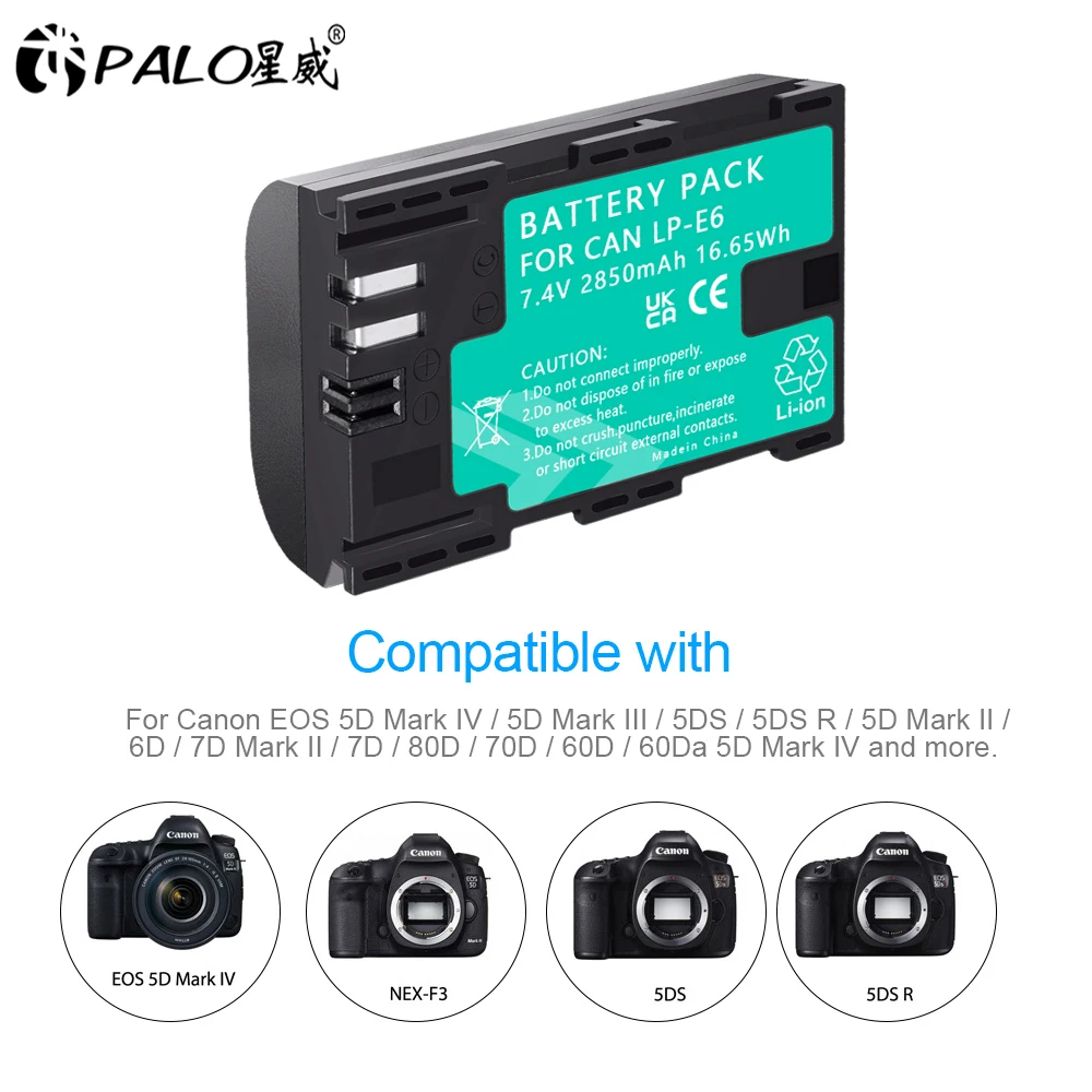 

PALO 2pcs 2000mAh LP-E6 Digital Camera Battery For Canon EOS 5D Mark II 2 III 3 6D 7D 60D 60Da 70D 80D DSLR EOS 5DS lp e6