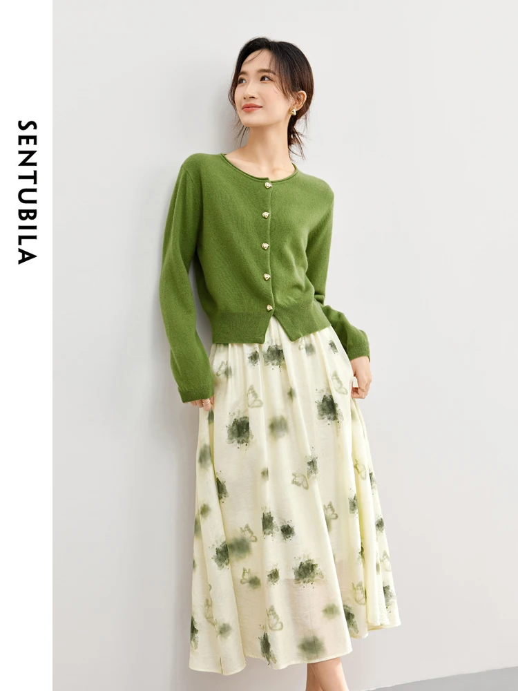 SENTUBILA Womens Two Piece Sweater and Skirt Matching Sets Womans Outfits Soft Knitted Cardigan Printed Midi Skirt 741Z53359