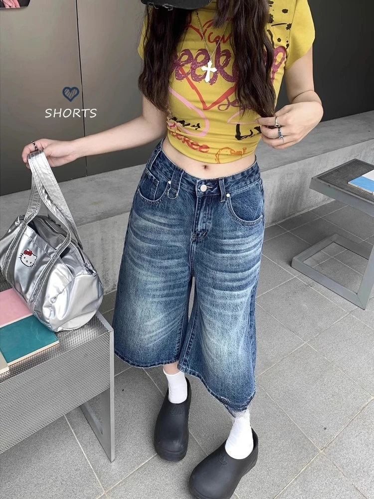 

Retro washed vintage wide leg jeans 2025 summer women new high waist slimming versatile loose fashion five cropped pants