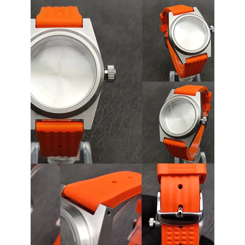 38MM Men's Watch Case for NH35 Movement Brushed Orange Silicone Strap Sapphire Mirror