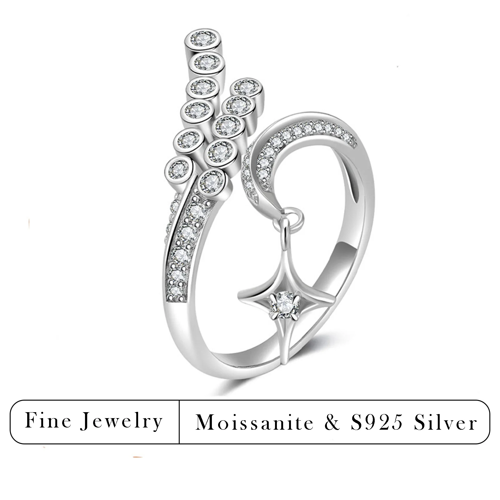 

Кольцо с подвеской-звездой из муассанита 0.17 CTW, серебро S925, инкрустированное, открытое, для женщин, романтический ювелирный подарок