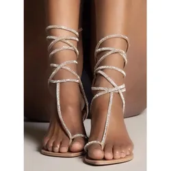 Summer Bling Cross Crystal Strap Thong Toe Flat Sandals Women Gladiator Front Hollow Rhinestone Cover Heel Beach Shoes