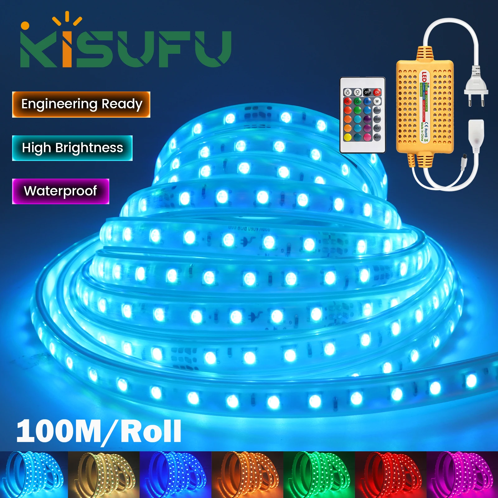 220V RGB LED Strip Light Waterproof 5050 60LEDs/M With 1500W Controller EU Plug Flexible Ribbon Tape Garden Party Decor 1M-100M