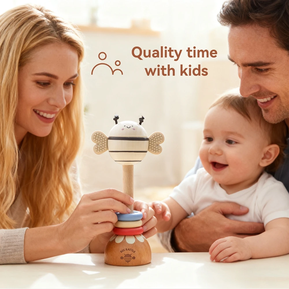 나무로 만든 만화 벌 딸랑이 장난감 몬테소리 음악 장난감 0-12개월 유아 음악 감각 발달 악기 선물