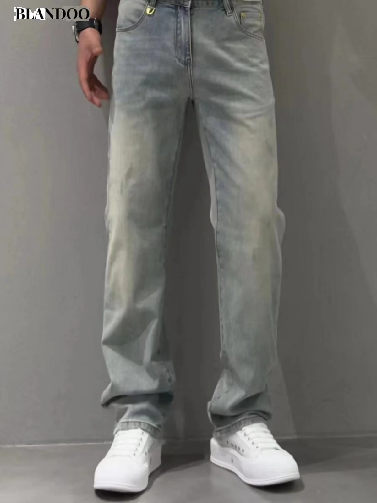 

Мужские джинсы свободного кроя с широкими штанинами, светло-голубые, прямого силуэта, в европейском стиле, класса люкс, коллекция Осень 2024