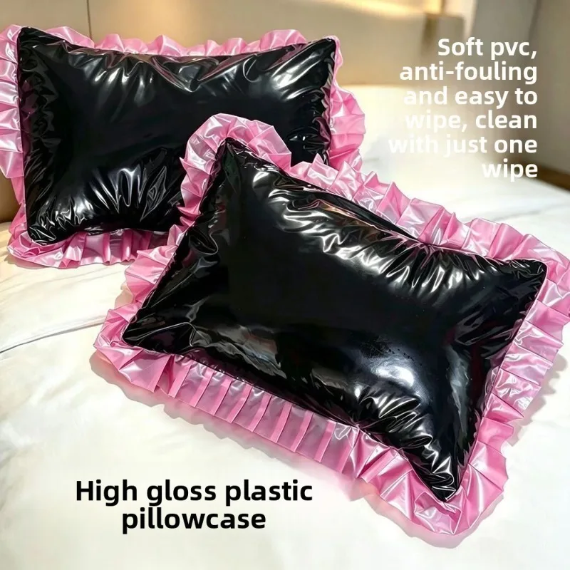 Black Mirror High Gloss PVC Pillowcase Pink Ruffle Edge Stain Resistant Wipeable Unique Adult Pillow Cover Decorative Household