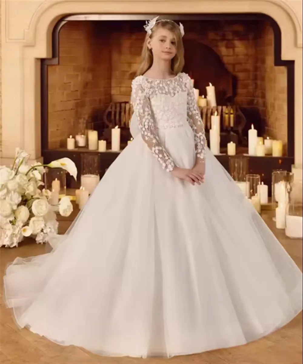 

White Flower Girl Dress for Wedding Lace Appliques Full Sleeves Girl Birthday Party Dress Kids First Communion Gowns Customized