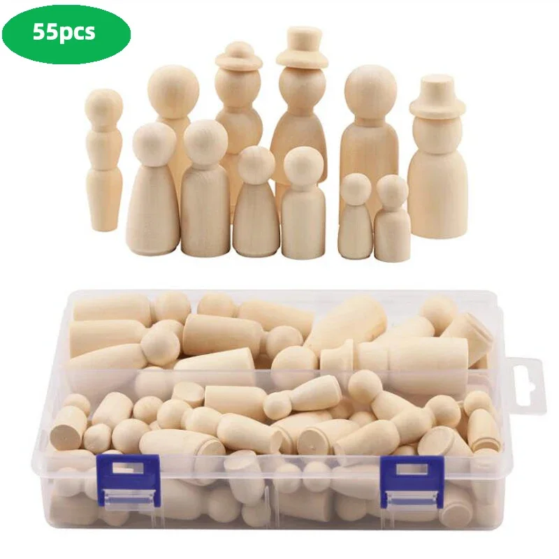 55pcs Creative Wooden Peg Dolls Toy People Manual Painting Dolls Crafts Graffiti Unfinished Solid Wood DIY Crafts Room Decor