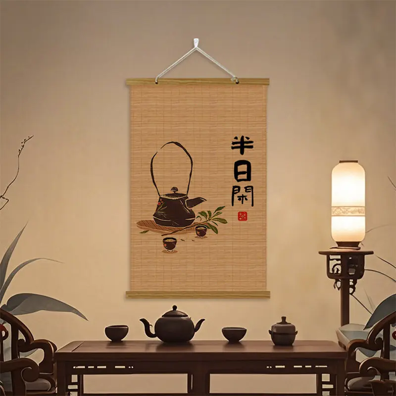 Wall Art Bamboo Hanging Scroll Zen Chinese Calligraphy "No Worries" Design Asian Minimalist Art for Teahouse Mindful Space